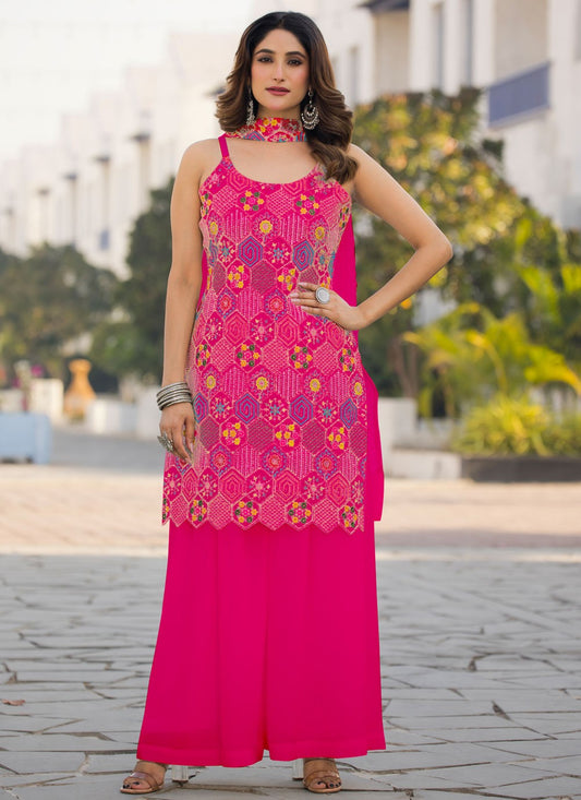 Embroidered Chinon Hot Pink Salwar Suit T6458