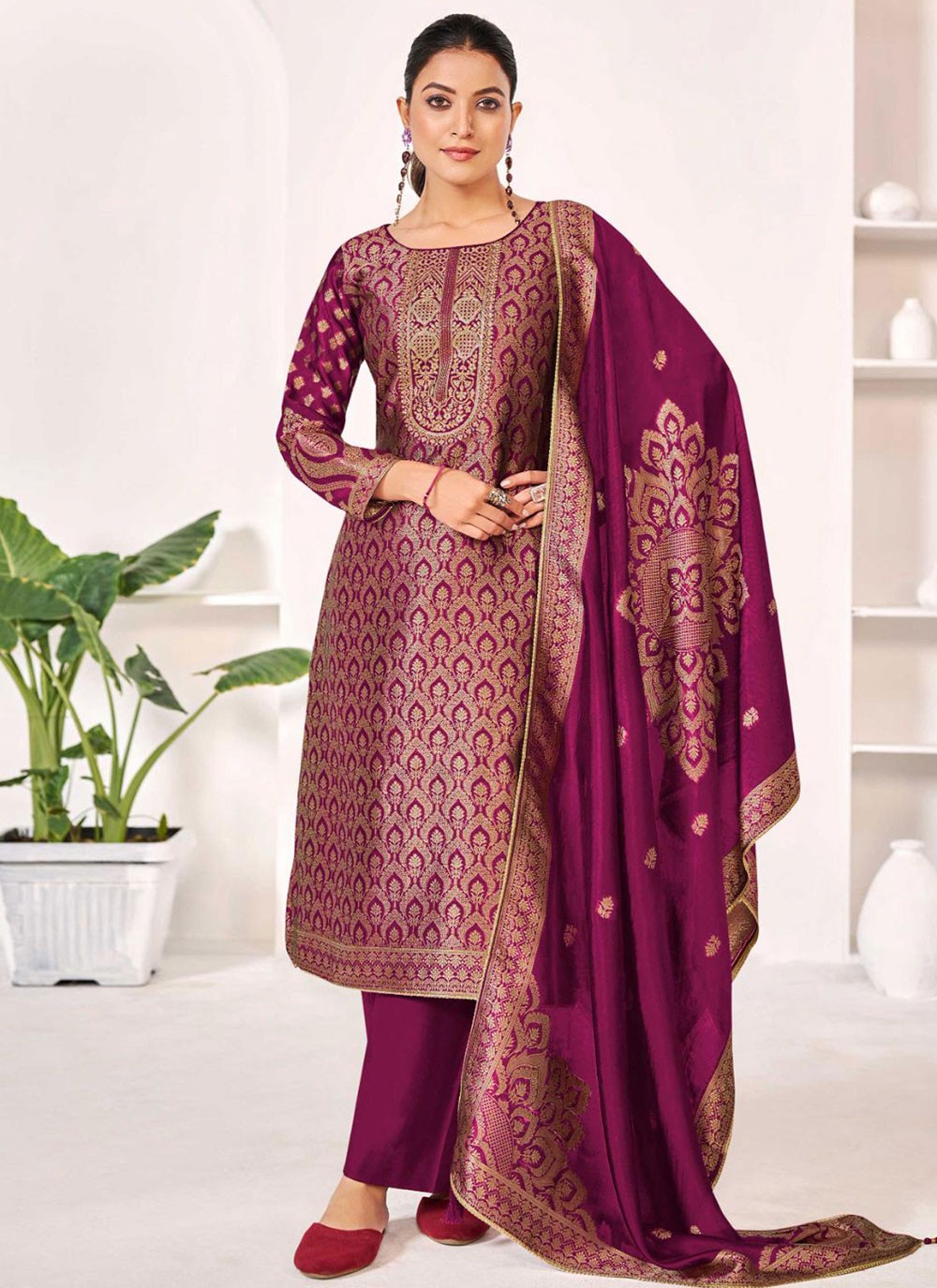 Pant Style Suit Jacquard Work Hot Pink T6695