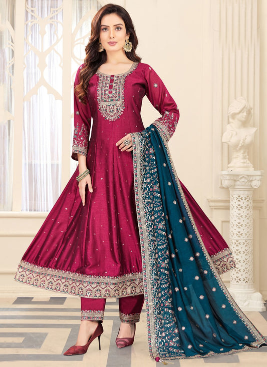 Salwar Suit Embroidered Hot Pink, Magenta Silk T5586