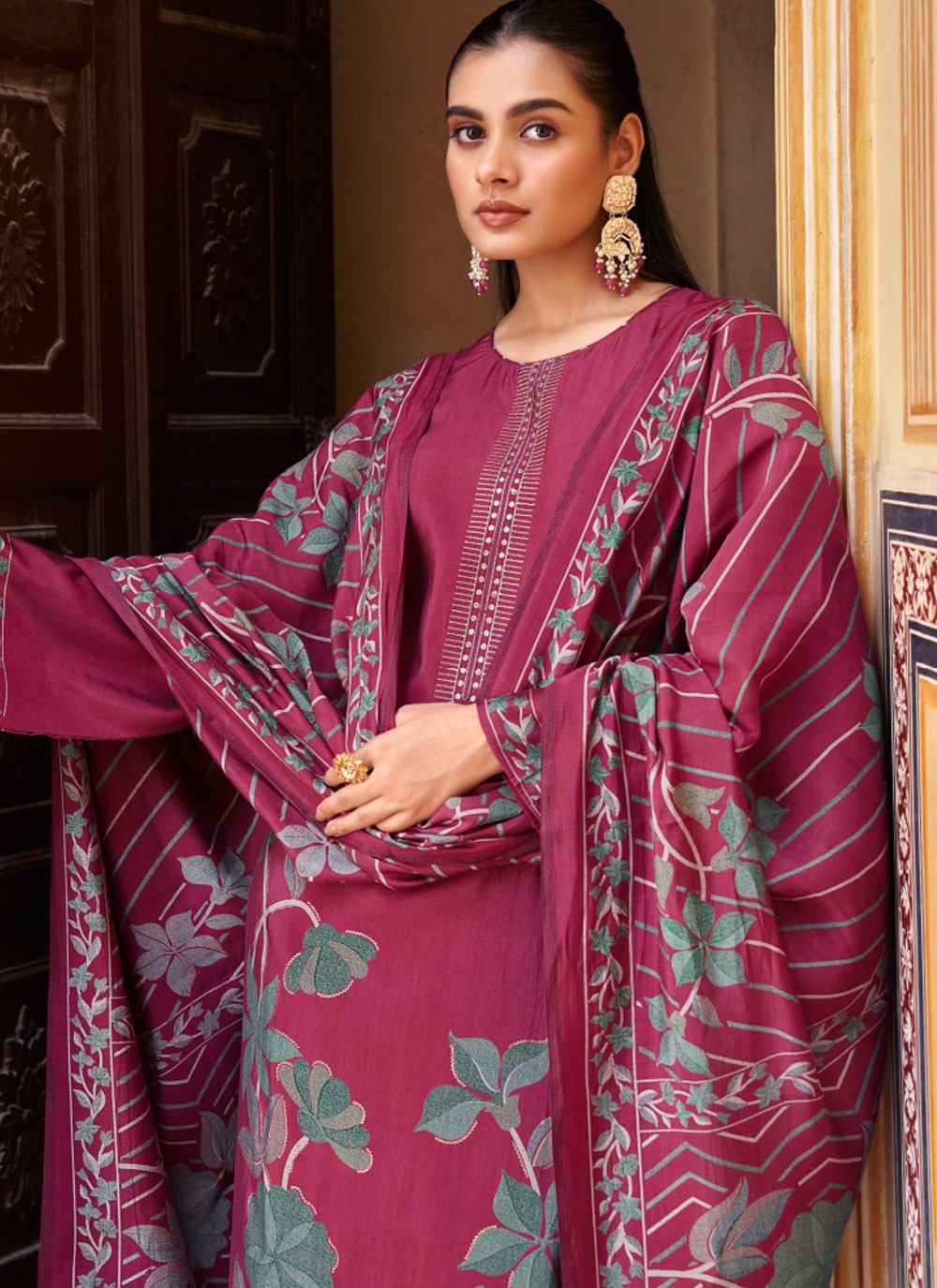 Salwar Suit Embroidered Hot Pink, Magenta Muslin T5183