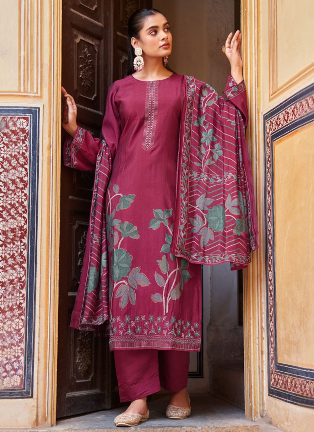 Salwar Suit Embroidered Hot Pink, Magenta Muslin T5183