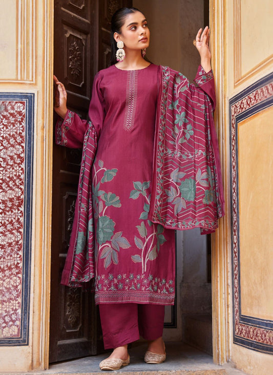 Salwar Suit Embroidered Hot Pink, Magenta Muslin T5183