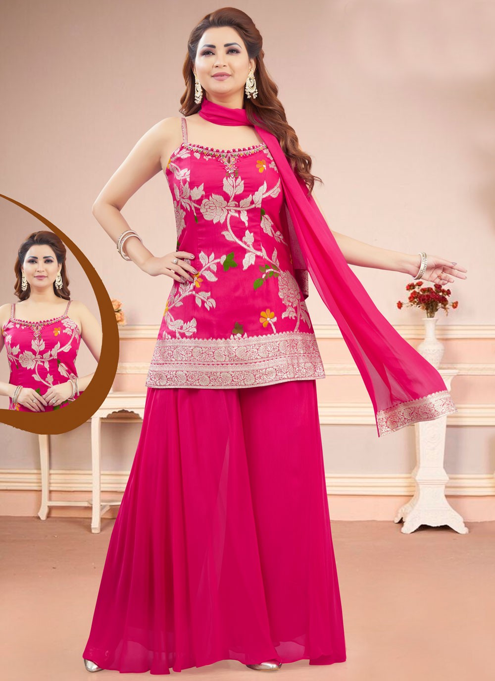Salwar Suit Embroidered Hot Pink, Magenta Silk T5860