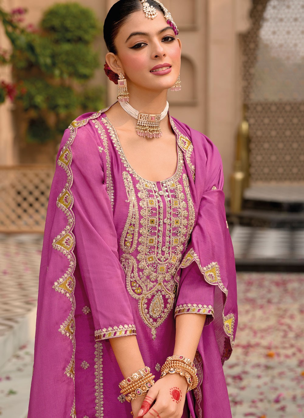 Salwar Suit Embroidered Hot Pink, Magenta Chinon T5387