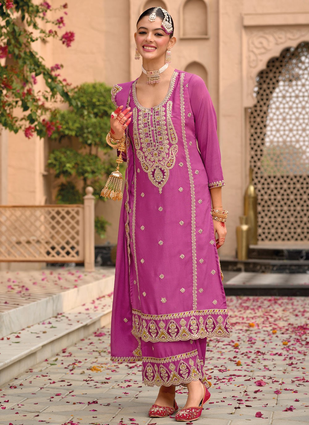 Salwar Suit Embroidered Hot Pink, Magenta Chinon T5387