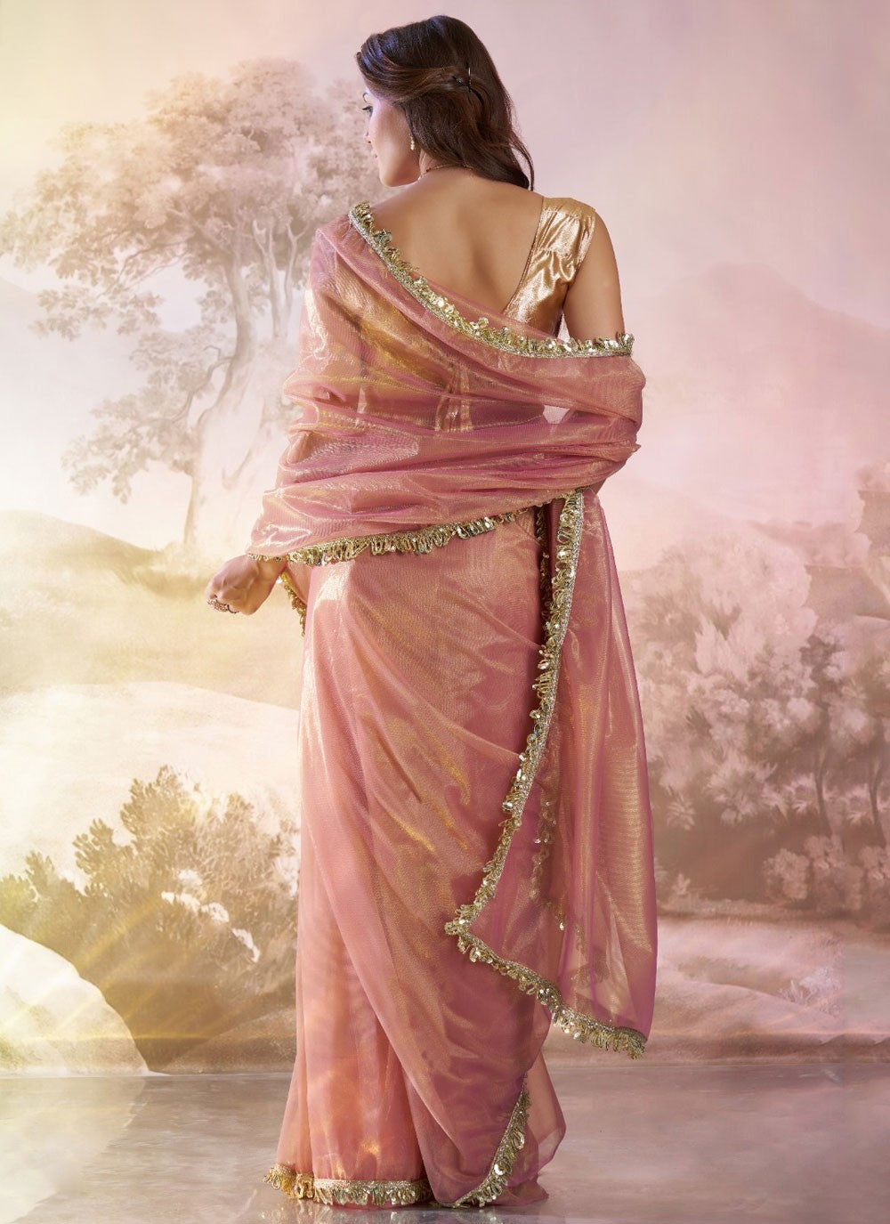 Classic Saree Border Work Magenta, Rust Net Saree S13517