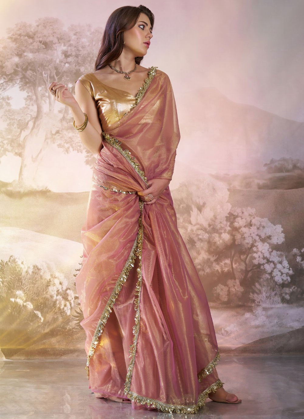 Classic Saree Border Work Magenta, Rust Net Saree S13517