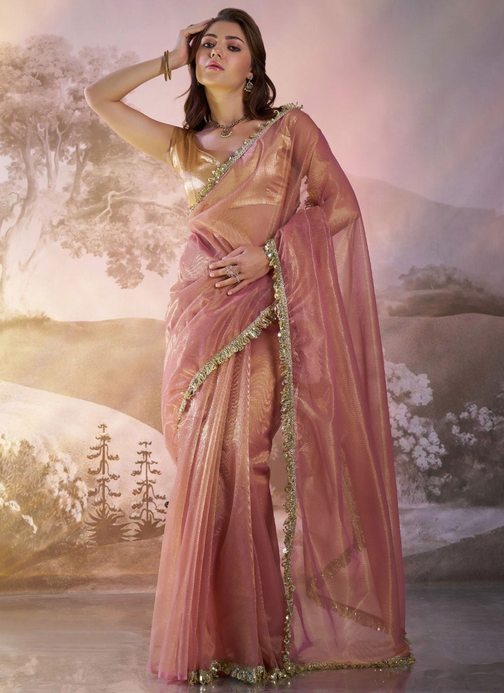 Classic Saree Border Work Magenta, Rust Net Saree S13517