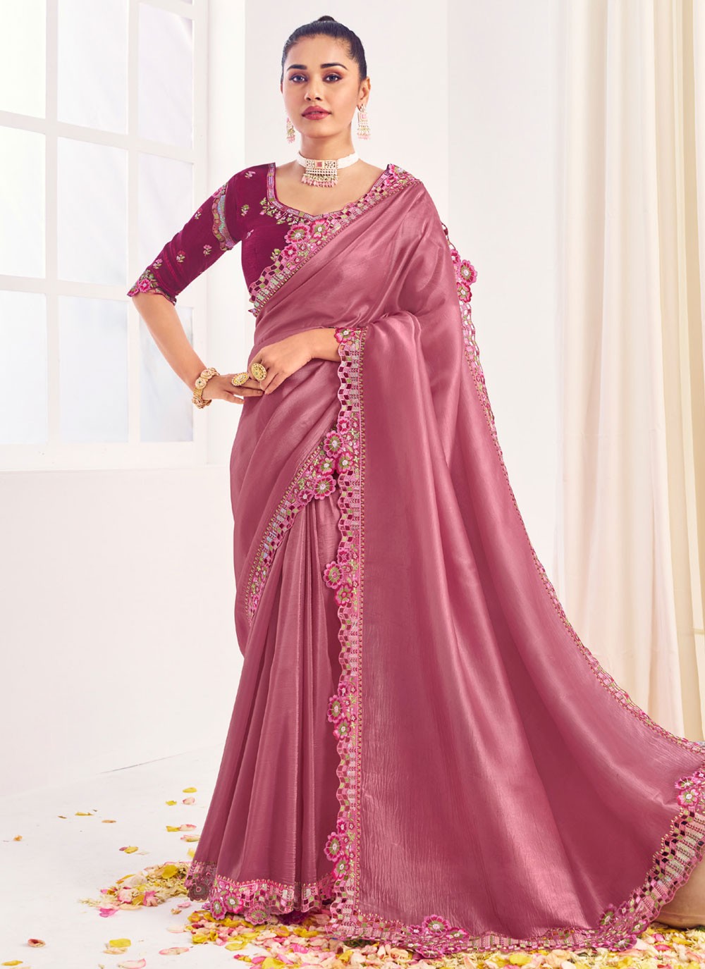 Classic Saree Border Work Magenta, Wine Silk S12569