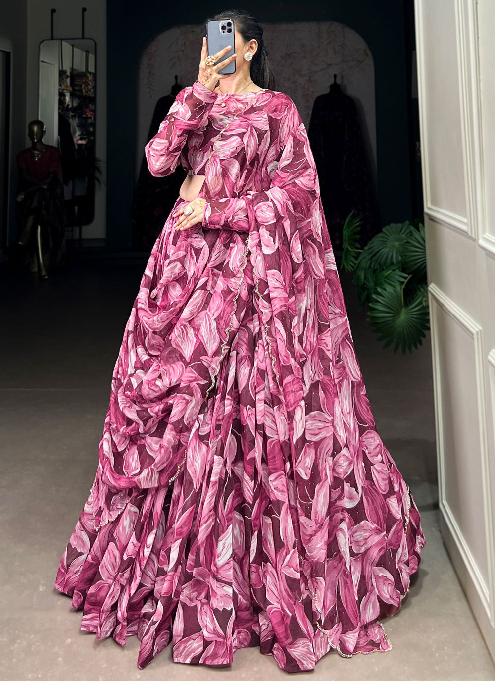 Foliage Prints Silk Magenta, Wine Lehenga - L3390