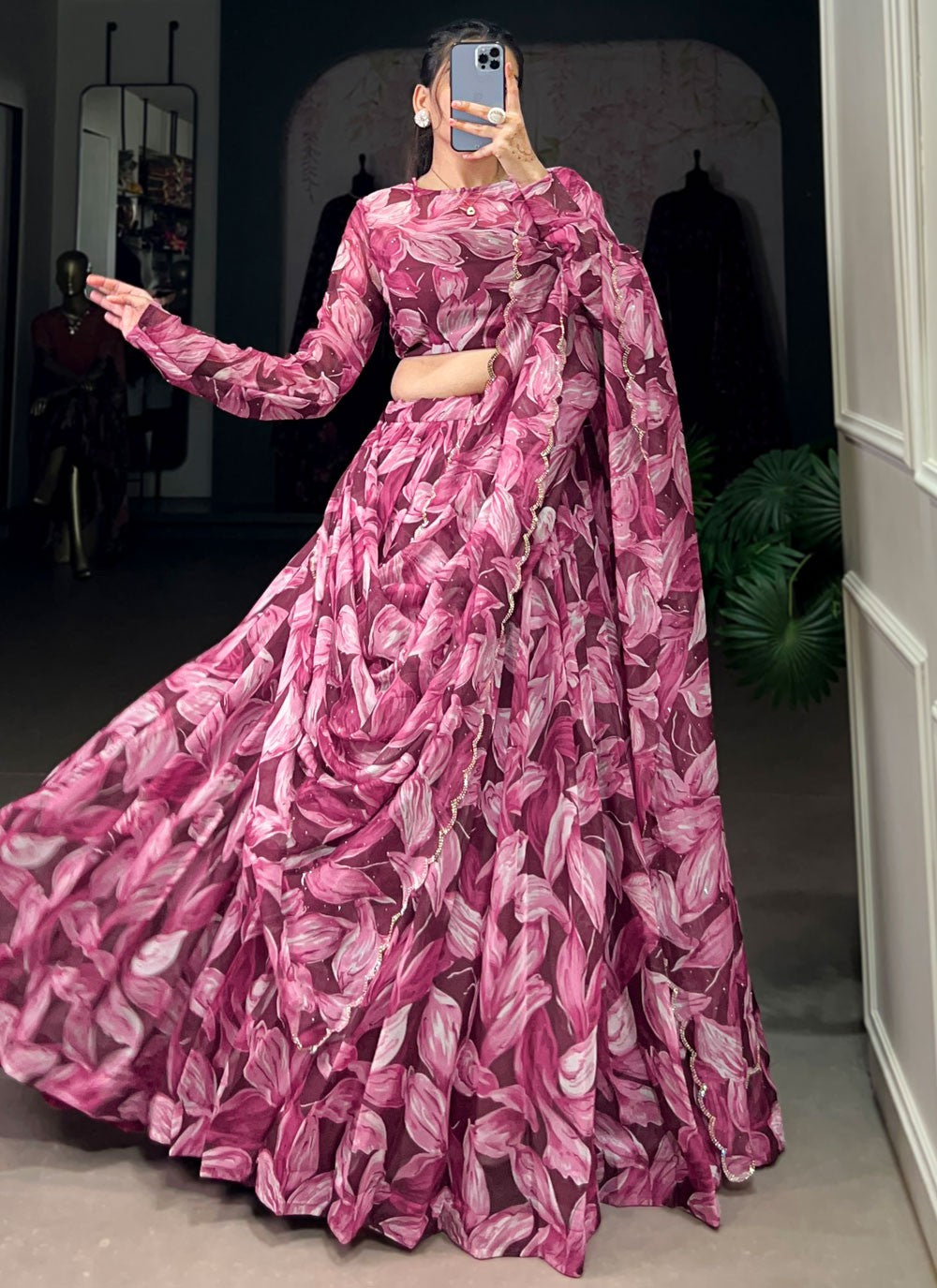 Foliage Prints Silk Magenta, Wine Lehenga - L3390
