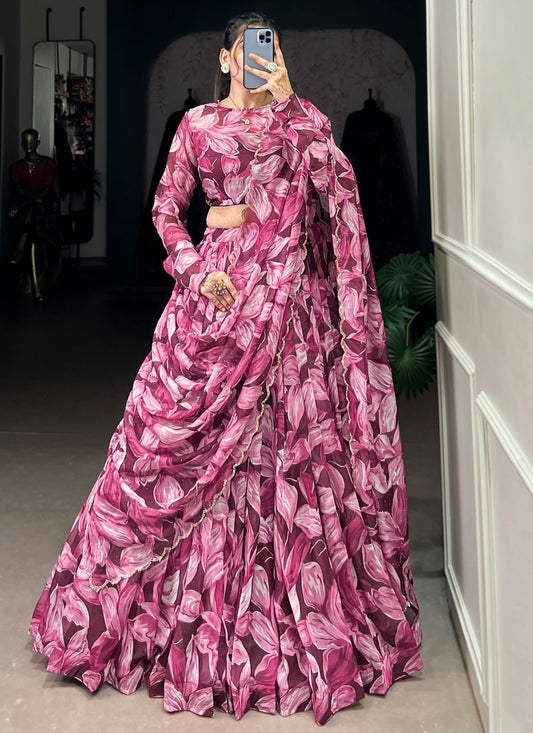 Foliage Prints Silk Magenta, Wine Lehenga - L3390