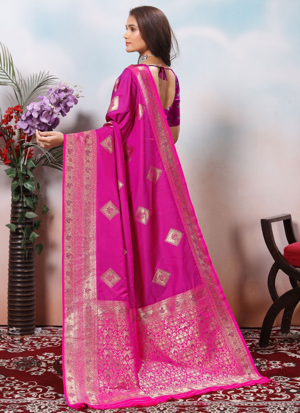 Border Work Silk Magenta Designer Saree S15424