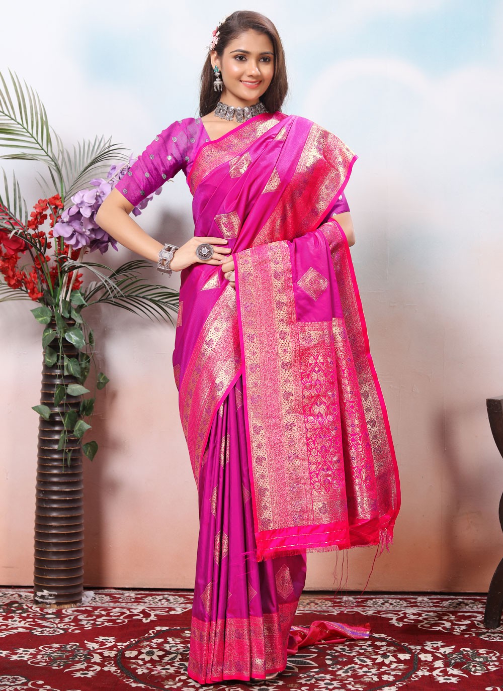 Border Work Silk Magenta Designer Saree S15424
