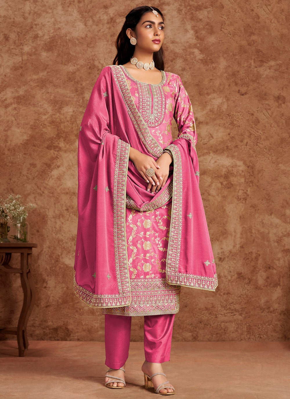 Salwar Suit Embroidered Magenta Pure Dola T5185