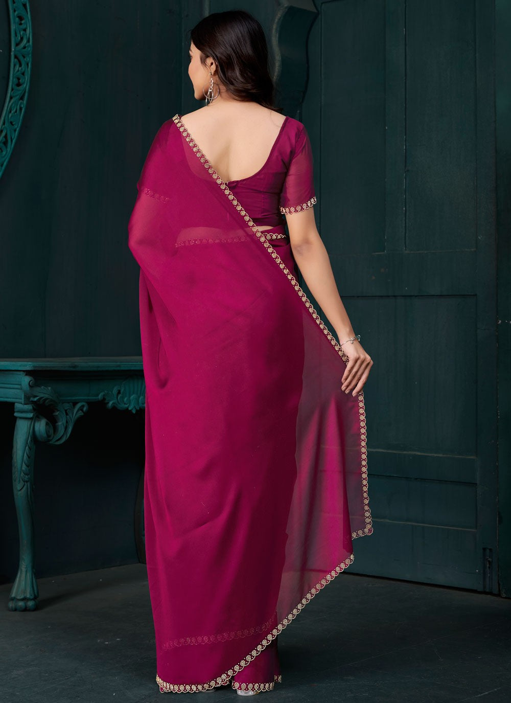Swarovski Crepe Silk Magenta Contemporary Saree S14888
