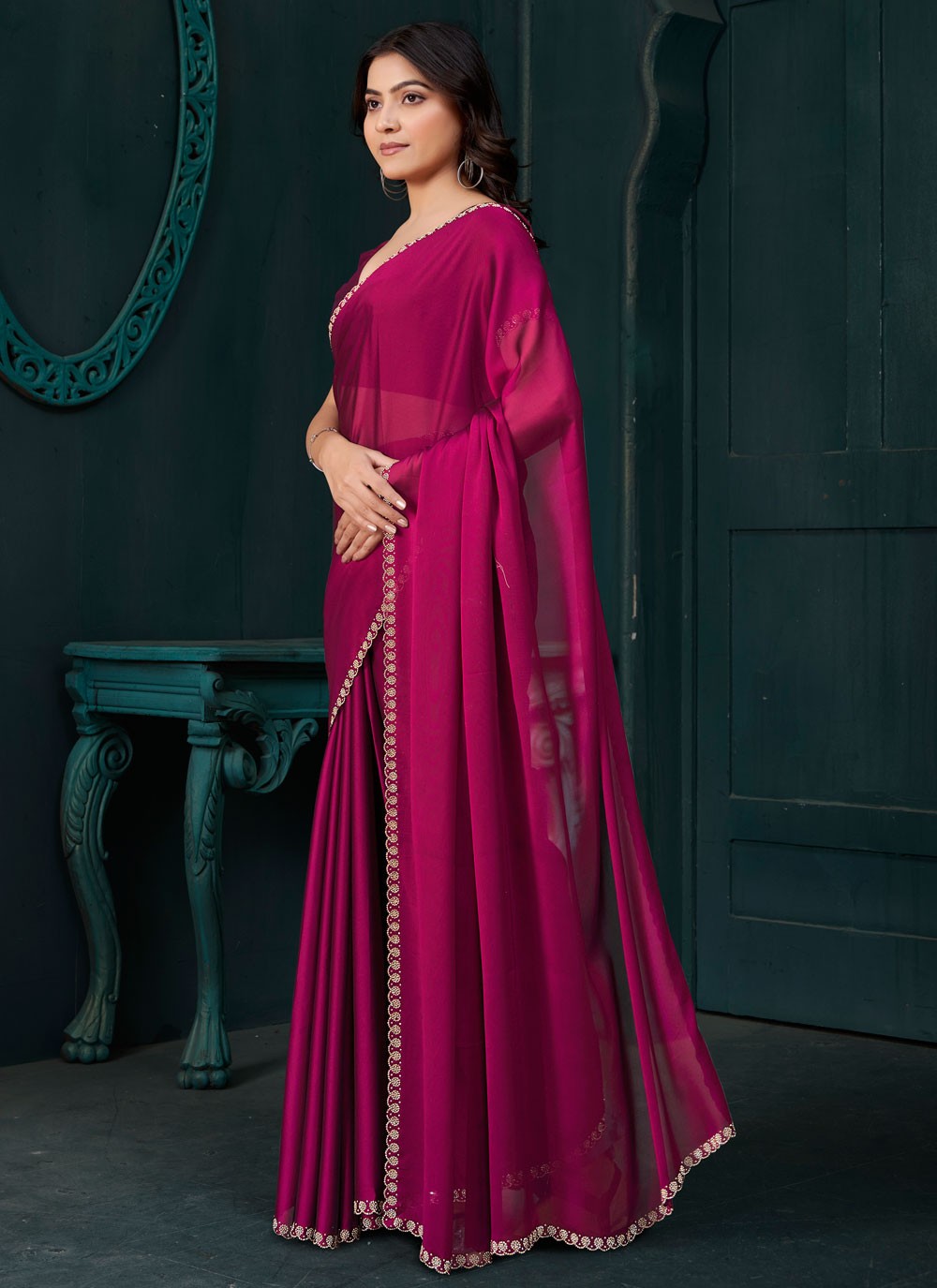 Swarovski Crepe Silk Magenta Contemporary Saree S14888