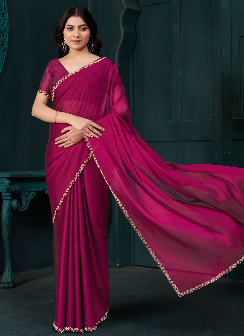 Swarovski Crepe Silk Magenta Contemporary Saree S14888