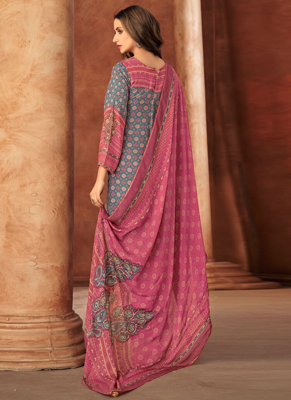 Digital Print Muslin Magenta Pant Style Suit T6371
