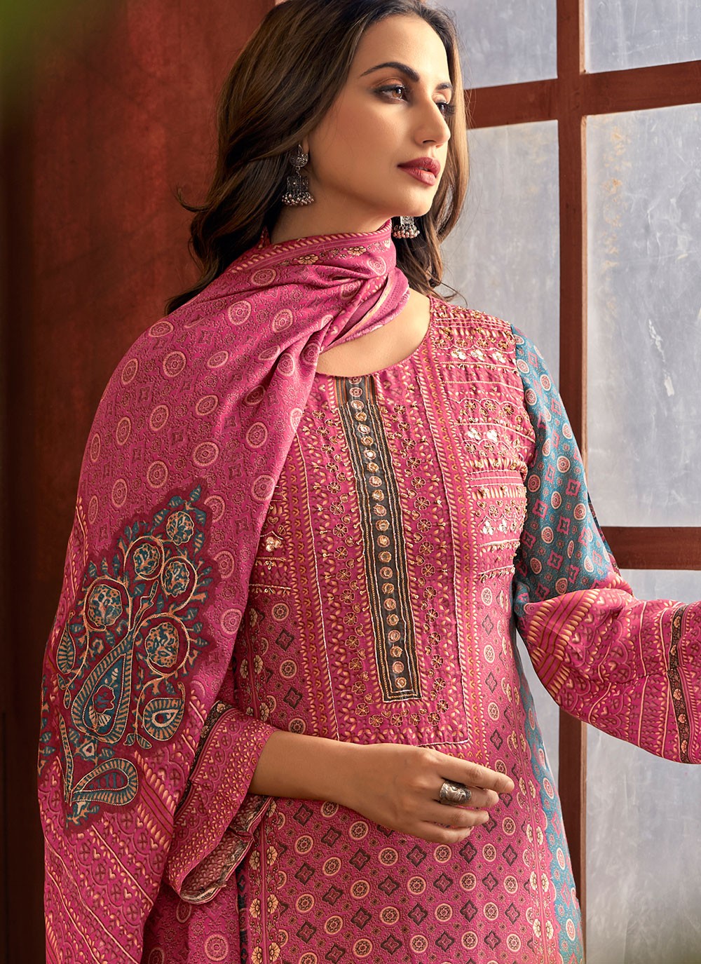Digital Print Muslin Magenta Pant Style Suit T6371