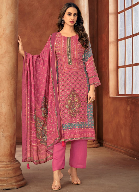 Digital Print Muslin Magenta Pant Style Suit T6371