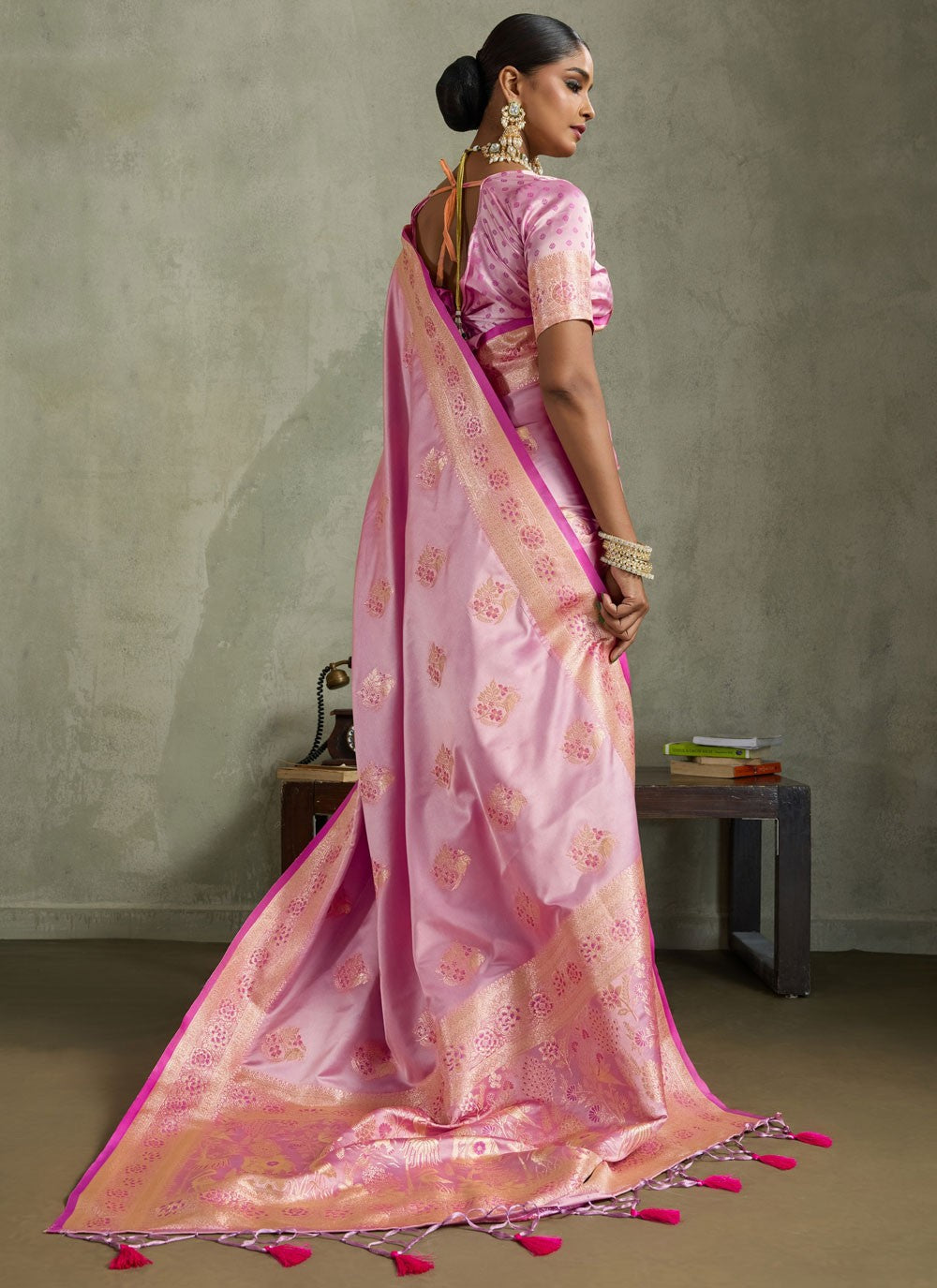 Magenta Satin Silk Designer Saree Banarasi Jari, Border Work, Meenakari, Woven S19056