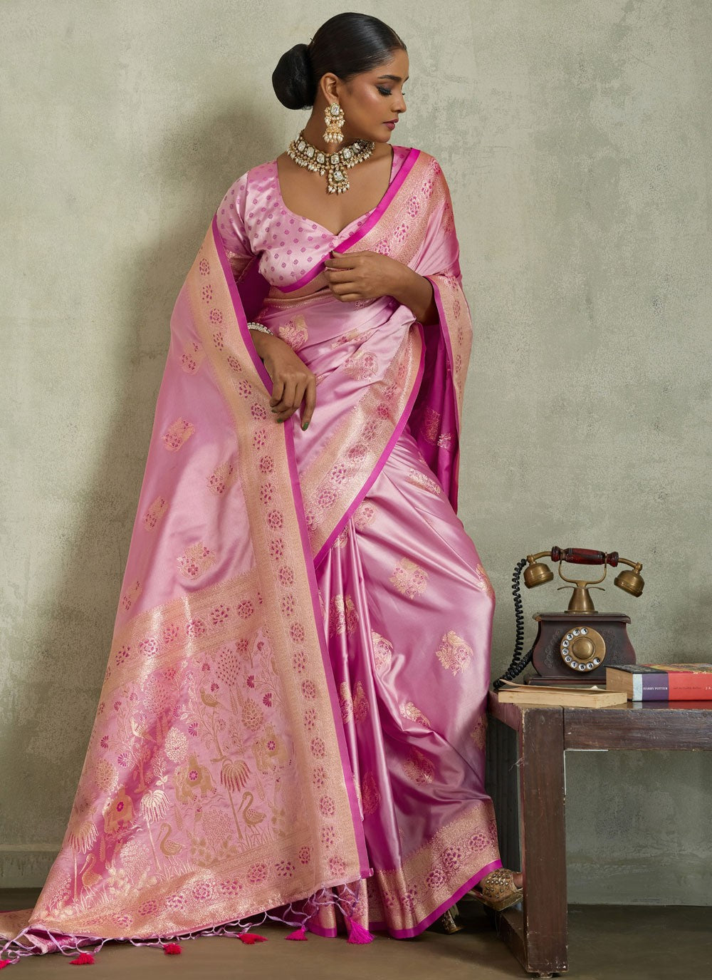 Magenta Satin Silk Designer Saree Banarasi Jari, Border Work, Meenakari, Woven S19056