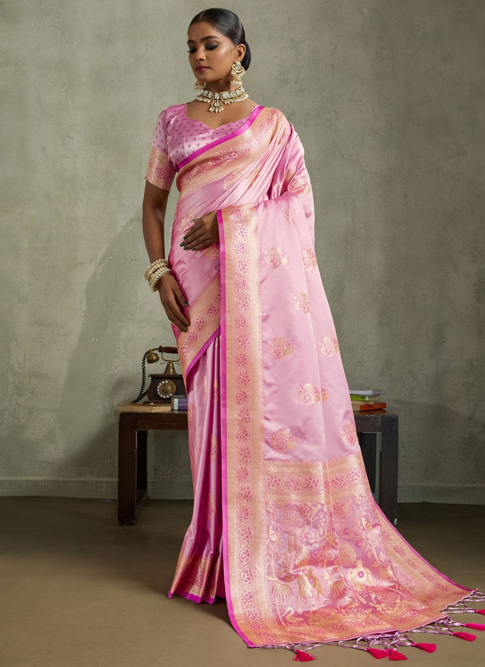 Magenta Satin Silk Designer Saree Banarasi Jari, Border Work, Meenakari, Woven S19056