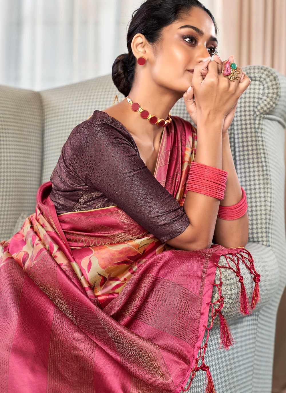 Printed Handloom Silk Magenta Saree S14239