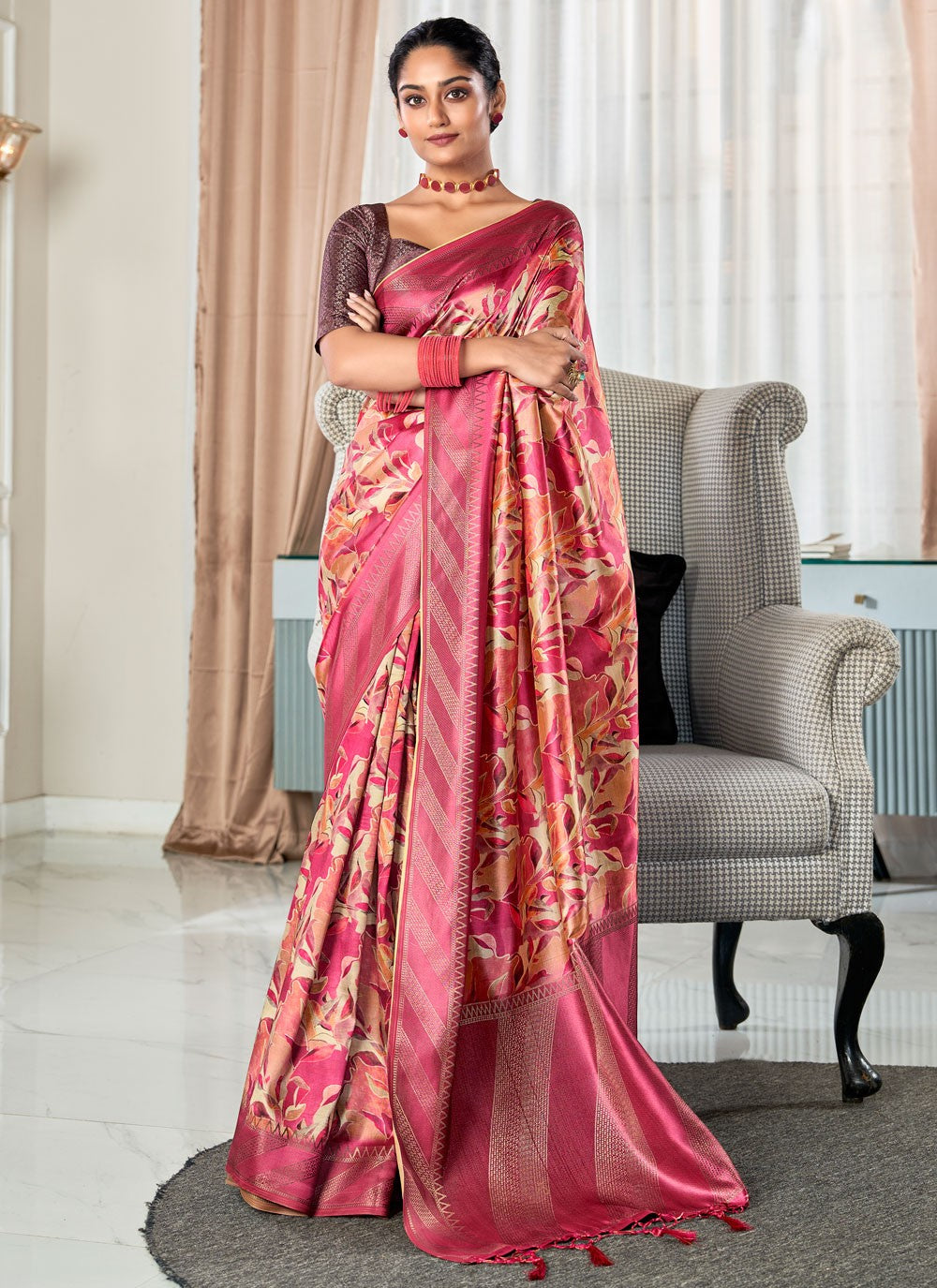 Printed Handloom Silk Magenta Saree S14239