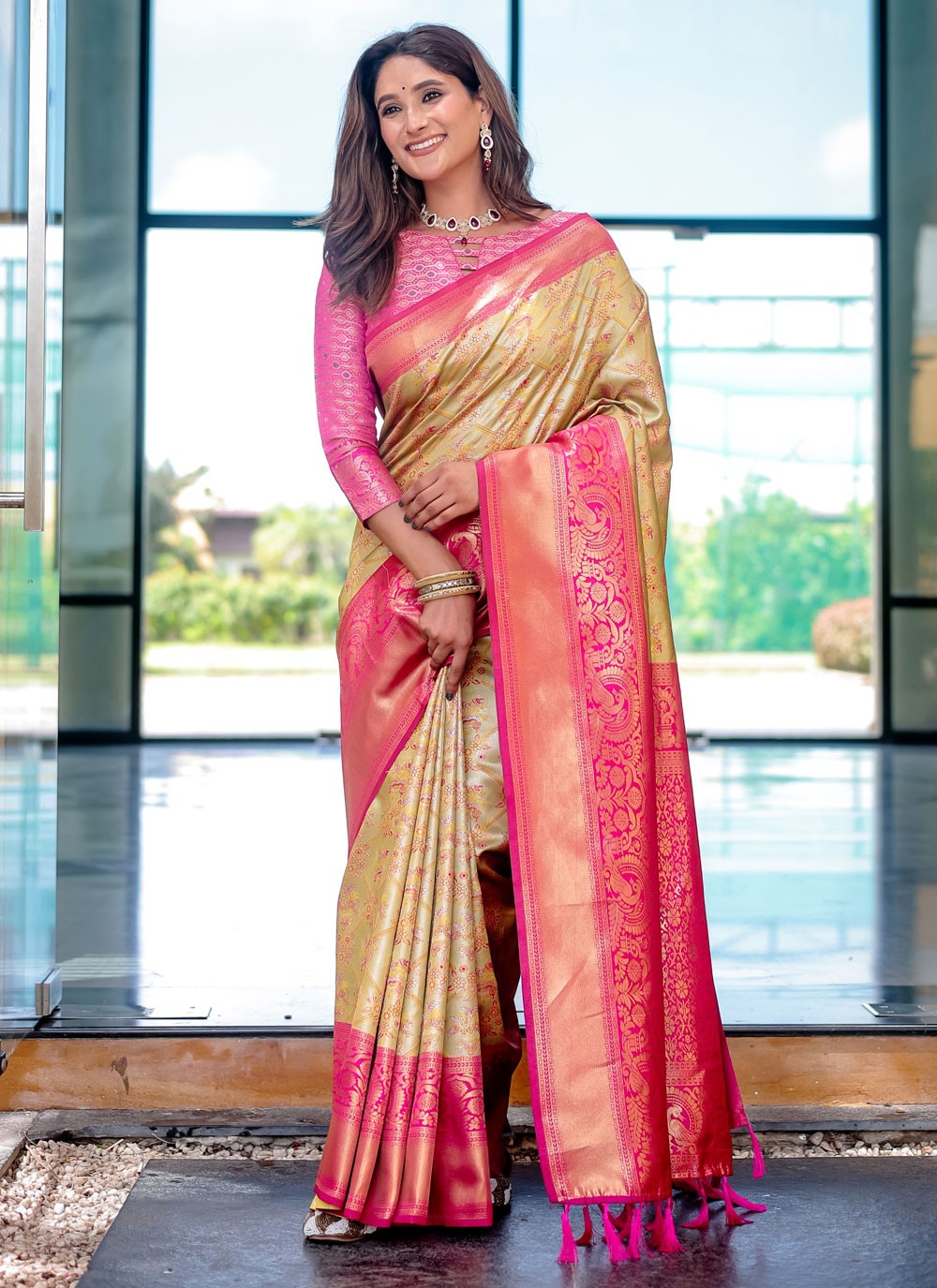Traditional Woven Yellow Malbari Silk Saree S12345
