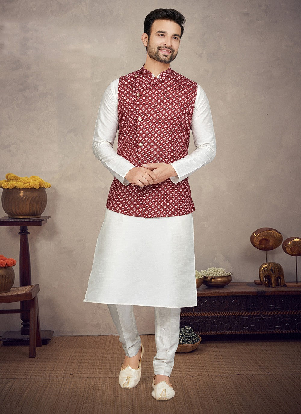 Digital Print Art Silk Maroon, Off White Kurta Payjama With Jacket - M5847