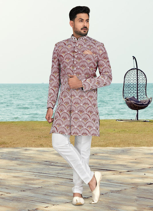 Hand Embroidery Banarasi Silk Maroon, Off White Sherwani - M6803
