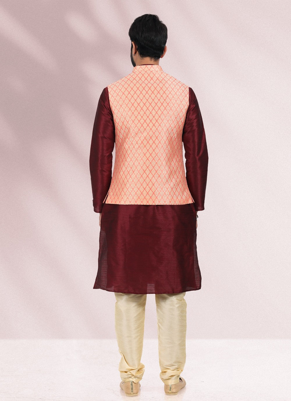 Jacquard Work Banarasi Silk, Jacquard Maroon, Peach Kurta Payjama With Jacket - M4880