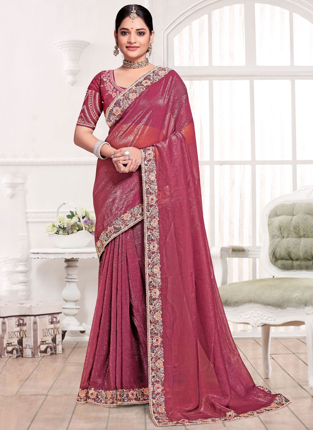 Contemporary Cord Hot Pink, Maroon Silk Saree S13093