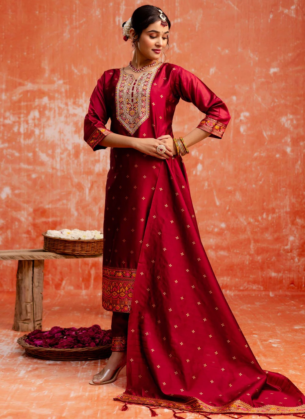 Embroidered Cotton Silk Hot Pink Salwar Suit T6152
