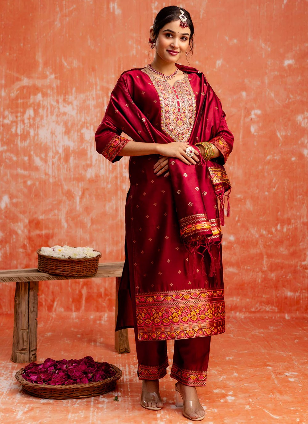 Embroidered Cotton Silk Hot Pink Salwar Suit T6152