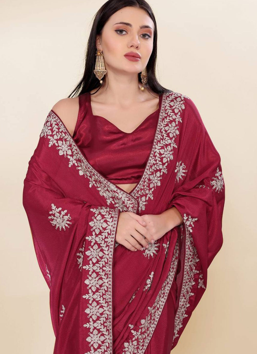 Embroidered Chinon Hot Pink Saree S13929