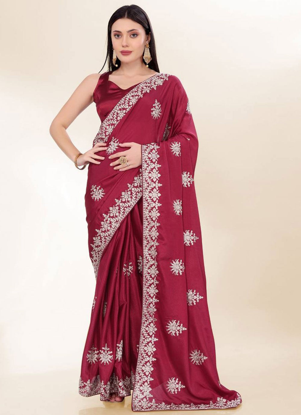 Embroidered Chinon Hot Pink Saree S13929