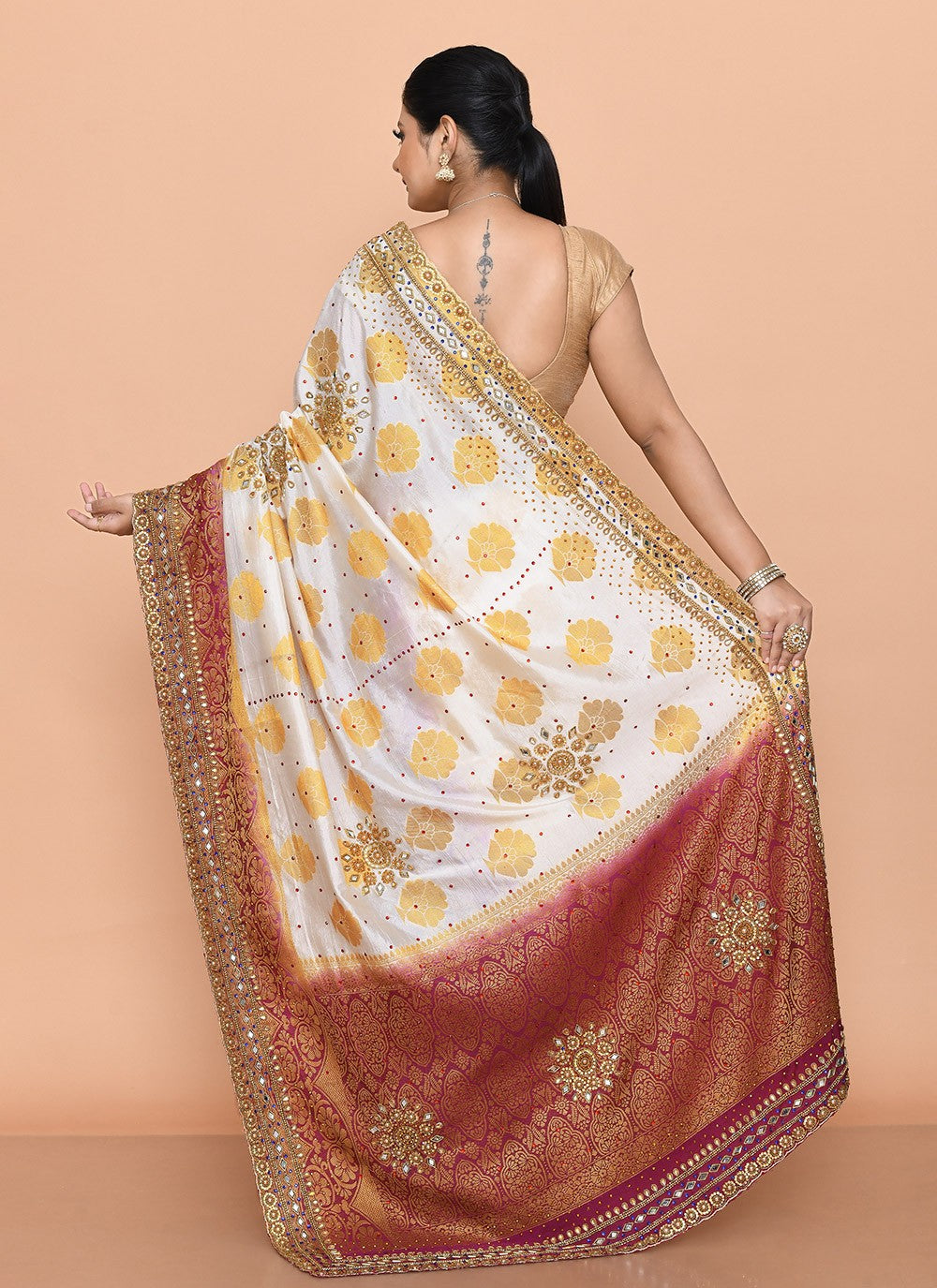 Trendy Saree Hand Embroidery Maroon, White Kanjivaram Silk Saree S13149
