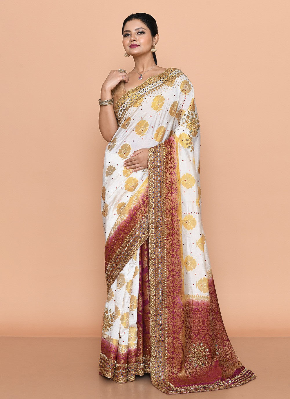 Trendy Saree Hand Embroidery Maroon, White Kanjivaram Silk Saree S13149