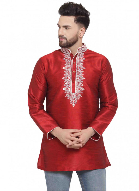 Embroidered Art Dupion Silk Maroon Kurta - M1693
