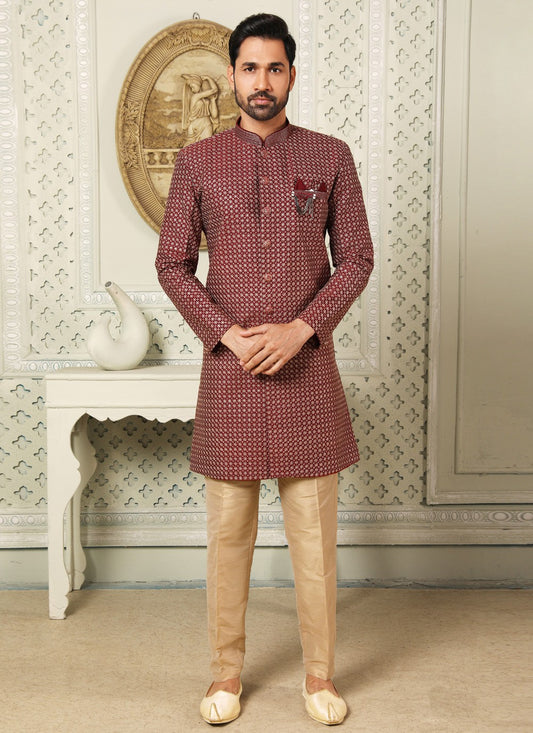 Embroidered Art Silk Maroon Indo Western - M4410