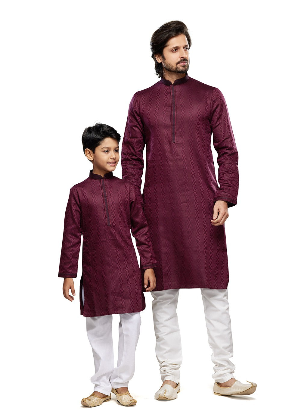 Printed Art Silk Maroon Men's & Kids Combo - M6818