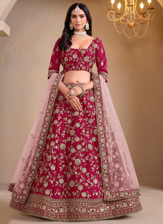 Embroidered Art Silk Maroon Lehenga - L3301