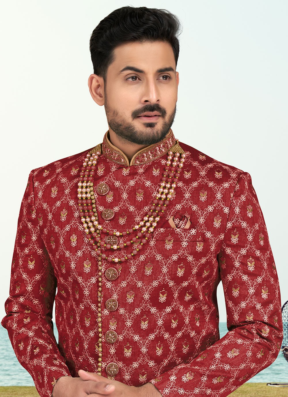 Hand Embroidery Banarasi Silk Maroon Sherwani - M6799