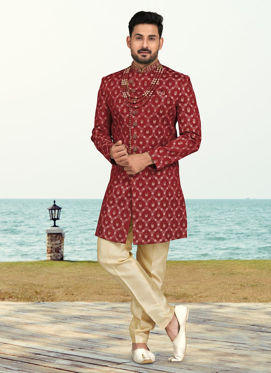 Hand Embroidery Banarasi Silk Maroon Sherwani - M6799