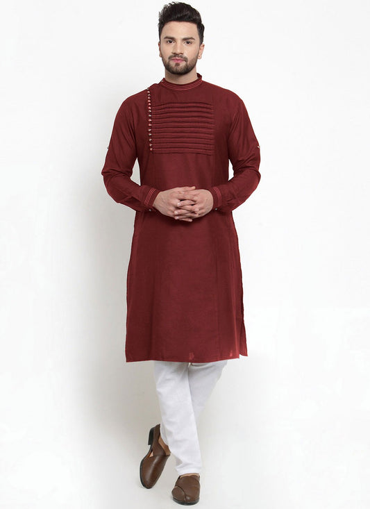 Fancy Work Blended Cotton Maroon Kurta - M4540