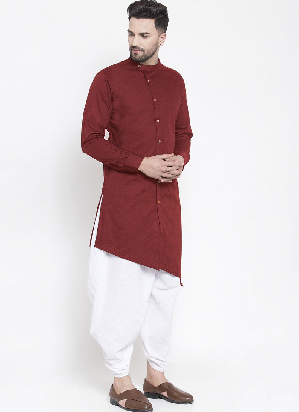 Plain Blended Cotton Maroon Dhoti Kurta - M4476