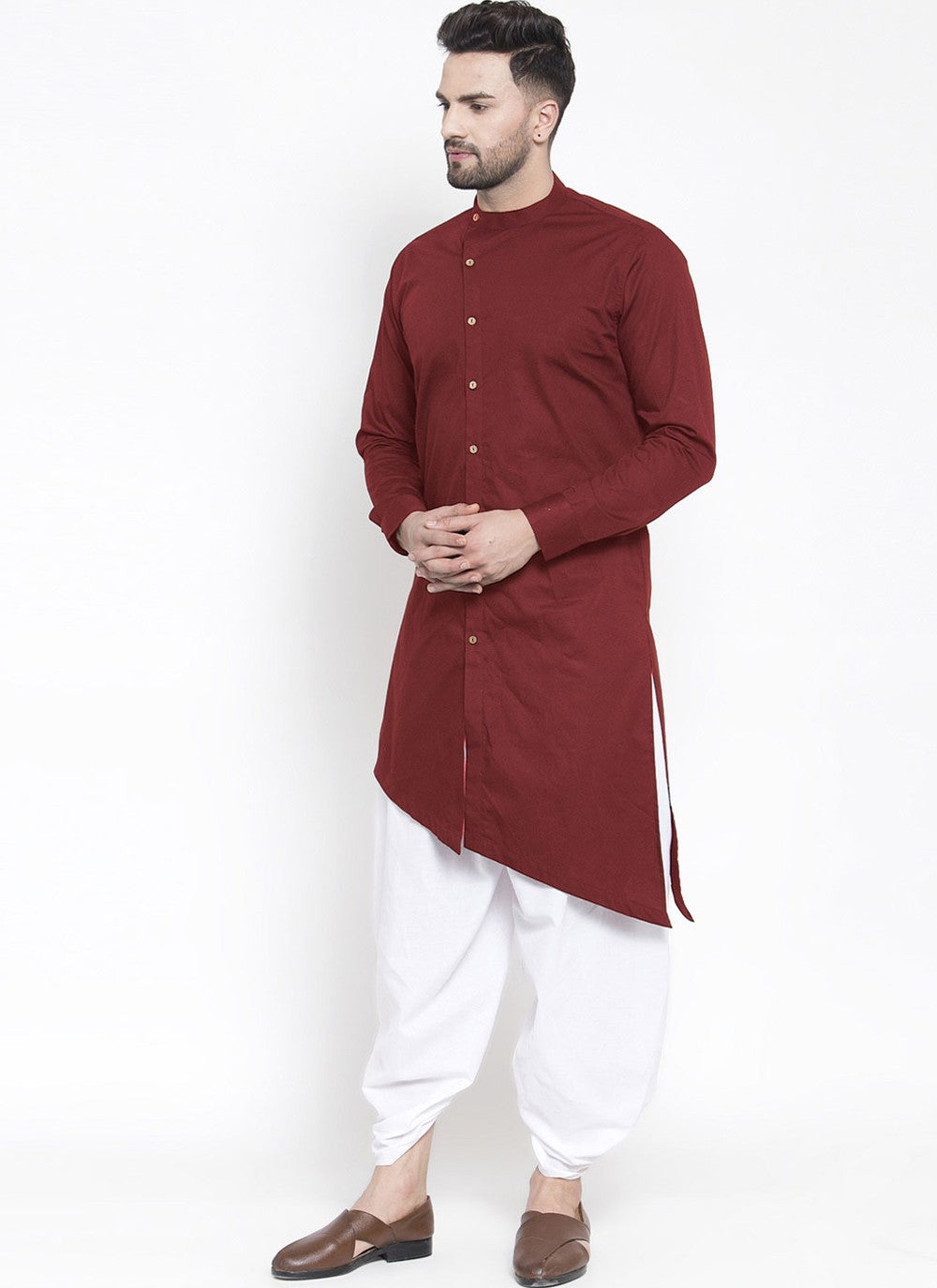 Plain Blended Cotton Maroon Dhoti Kurta - M4476